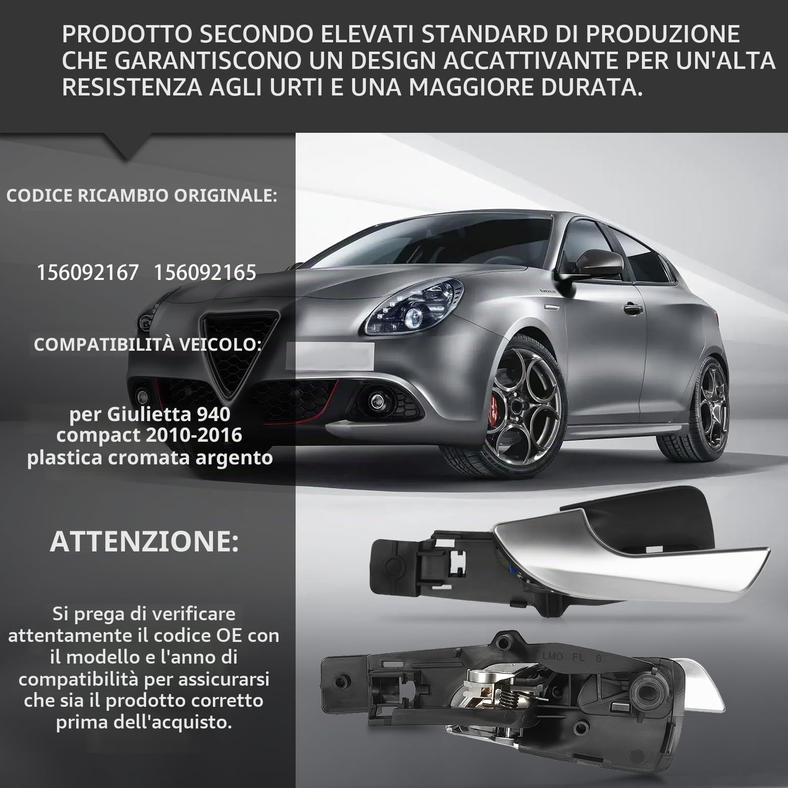 KASturbo - 1 coppia di maniglie interne per porte interne per Romeo Giulietta dal 2010 in poi 156092167 156092165 anteriore sinistro e lato destro maniglia interna