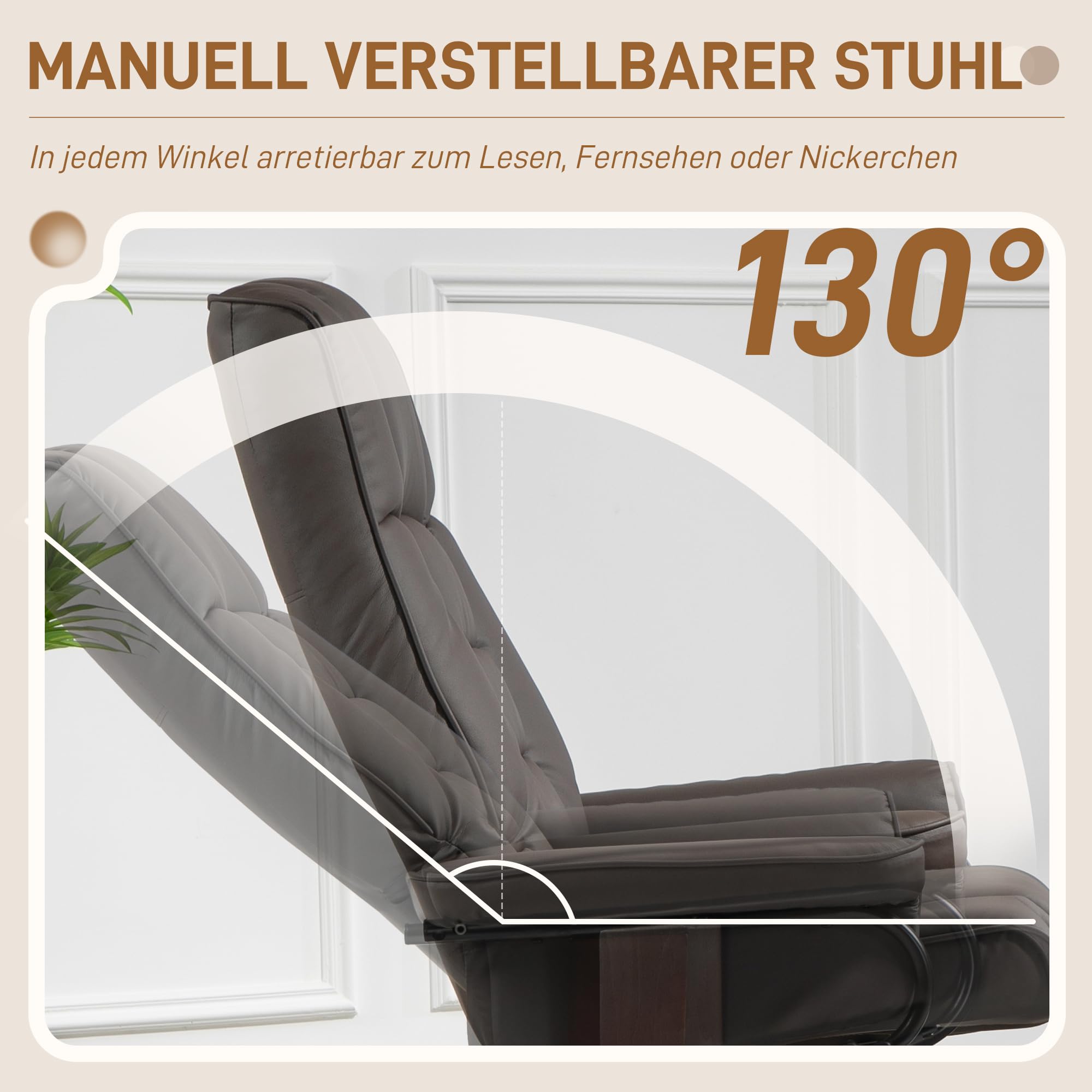 HOMCOM Relaxsessel mit Hocker, 360° drehbarer Fernsehsessel mit Liegefunktion hoher Rückenlehne, Holzgestell TV-Sessel für Wohnzimmer, Kunstleder, Braun