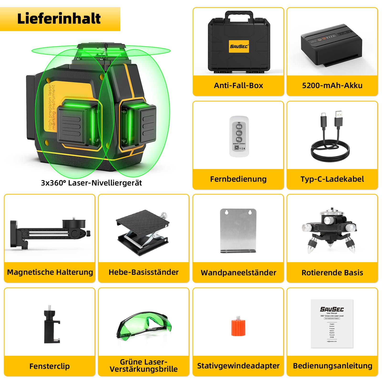 Nivel Laser 360 Autonivelante, 3x360° (hasta 37 horas) Nivel Láser Verdes, 12 Líneas Nivelador Laser, Recargable, Brillo ajustable, Control remoto, Conmutable, Para Uso Doméstico y Exterior