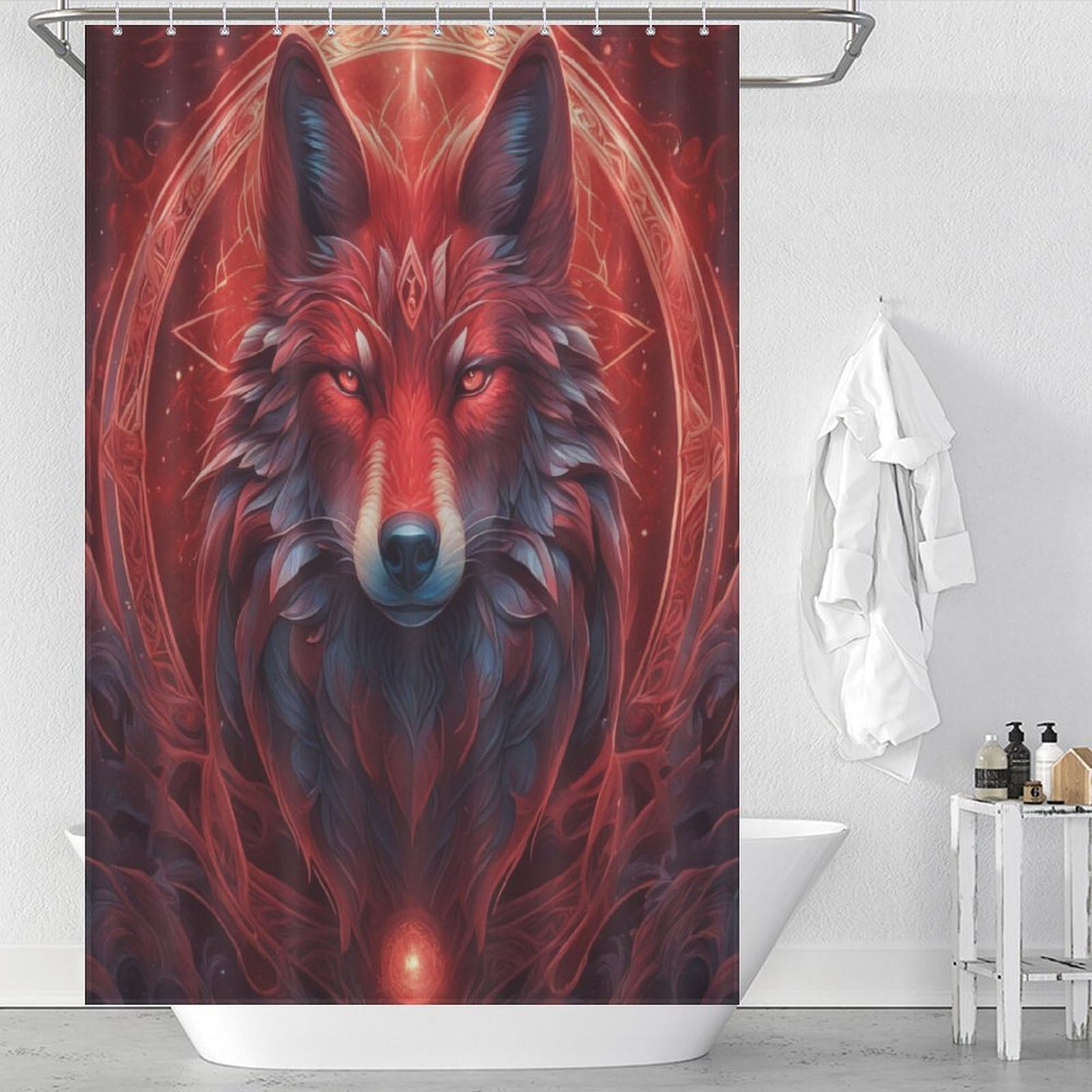 Rideau de douche loup tissu lavable avec 12 crochets