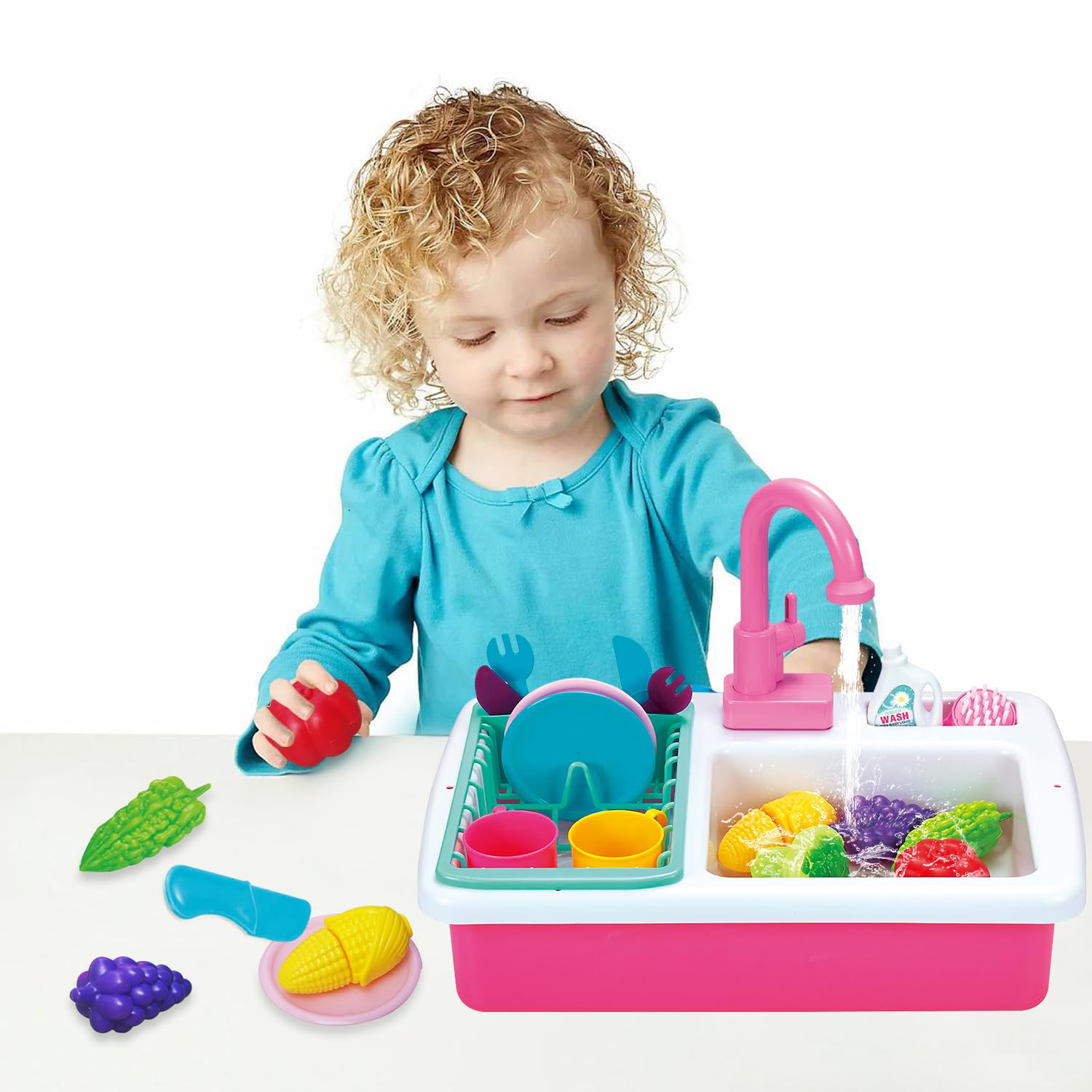 Fregadero de cocina de juguete para niños, fregadero de juego con agua corriente, accesorios de cocina de juguete, corte de frutas y verduras, fregadero de juguete con grifo de trabajo, juego de