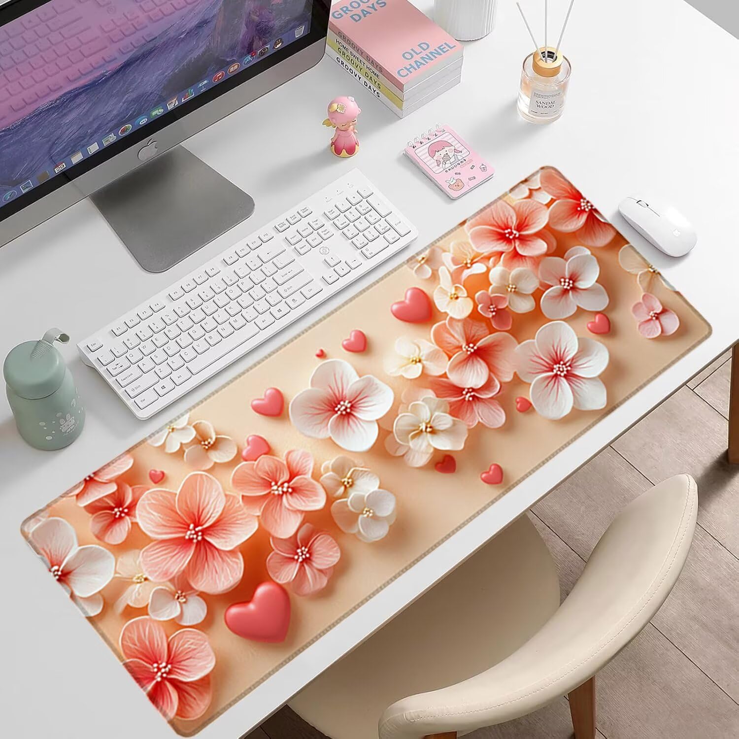 Podkładka pod mysz XXL Flower - 1400x600x3mm - różowa duża mata na biurko z przeszytymi krawędziami i antypoślizgowa wodoodporna do komputera, laptopa poprawia precyzję i szybkość. -36436
