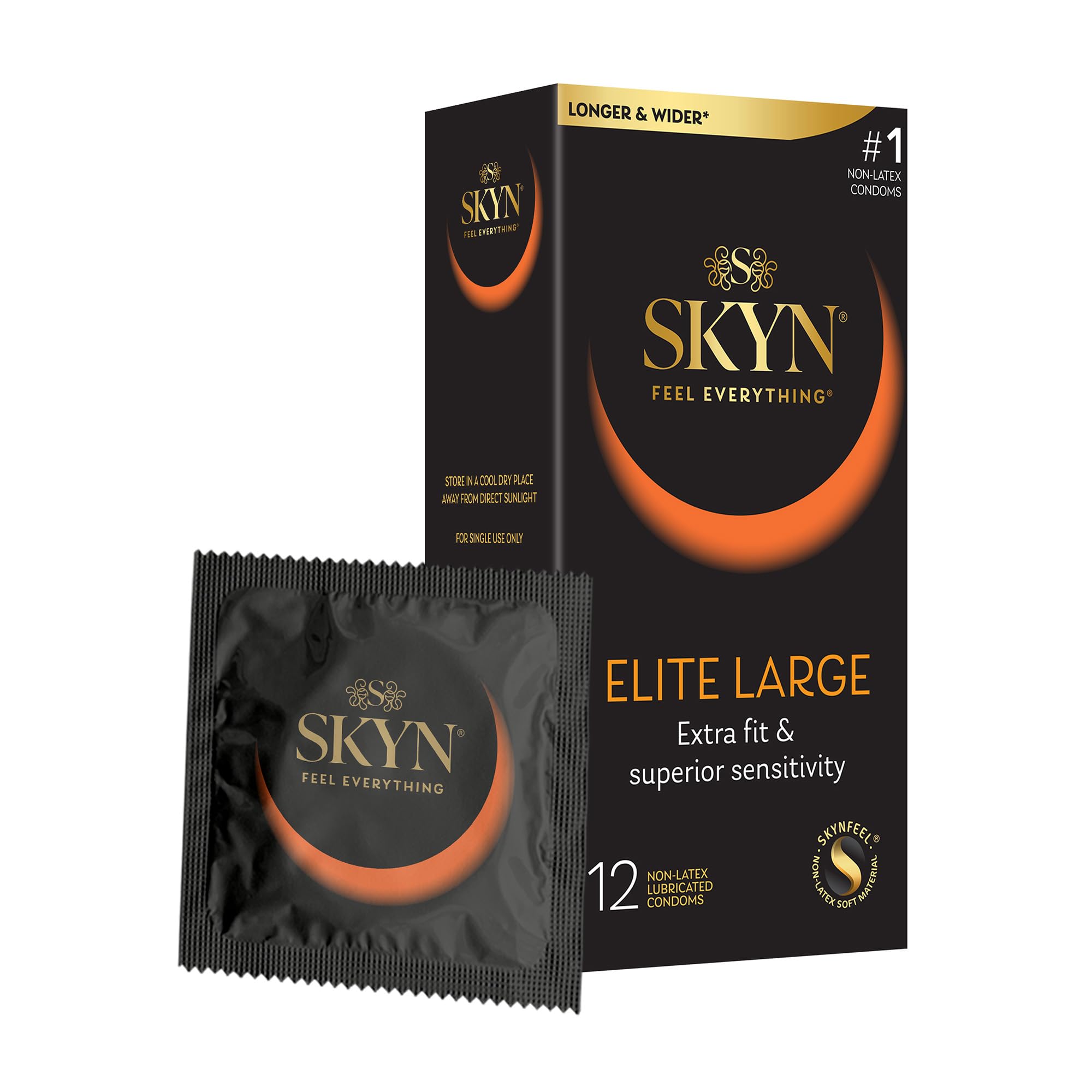 SKYN Elite Large Non-Latex Lubricated Condoms, 12 Count, Comfortable and Smooth Lubricated Condoms, Triple Tested (Pack of 1)