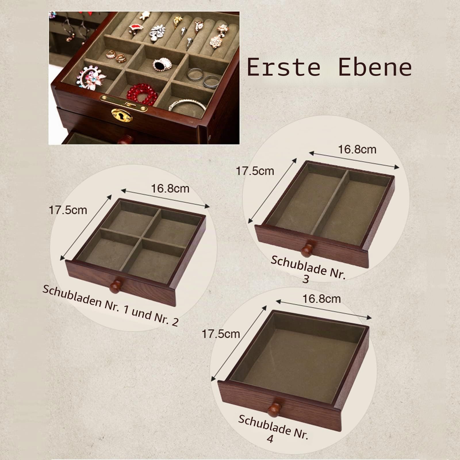 Changsuo Schmuckschatulle aus Holz für Damen, Massivholz-Organizer mit Kombinationsschloss für Schmuck, Halsketten, Ringe, Aufbewahrungsbox im Vintage-Stil mit Spiegel (Kirsche)