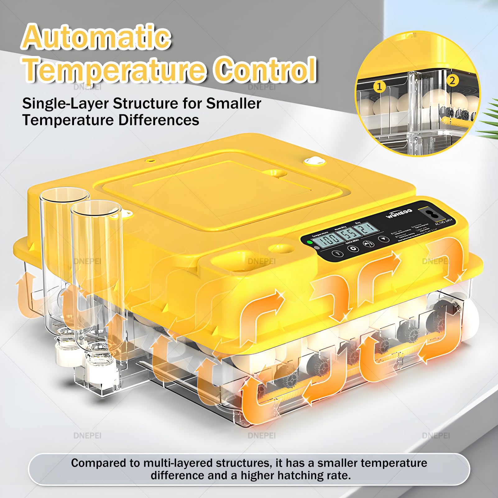 Incubadora Profesional de 288 Huevos con llenado automático de Agua, Contador Diario, ovoscopiadora y Control Total de Clima para máxima tasa de eclosión. 118Eggs