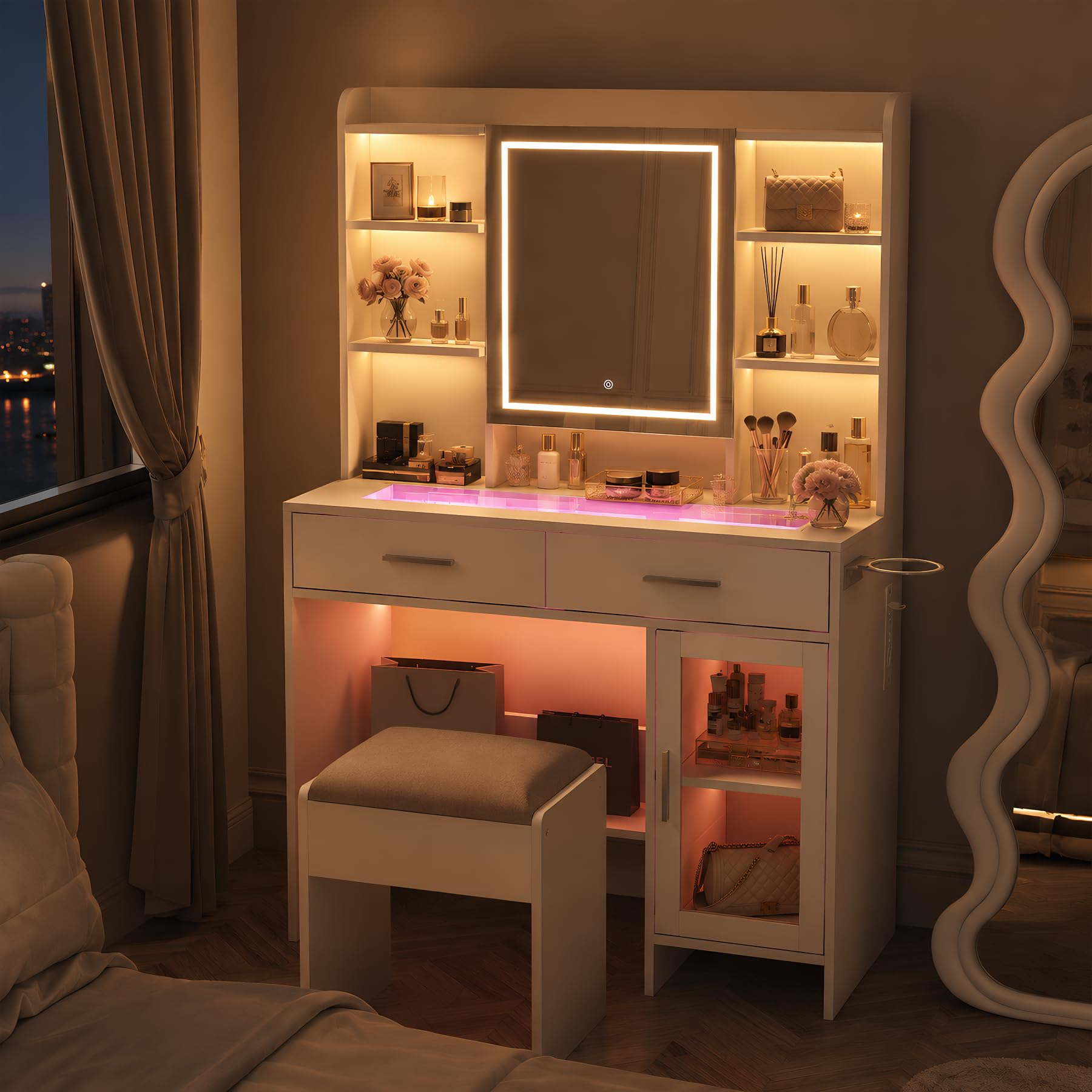 Schminktisch mit LED-Spiegel und Glasplatte, Steckdose, Halterung für Haartrockner, 2 Schubladen, 8 offene Regale, 1 Schrank, Schminktisch, moderner Schminktisch (weiß, 89,8 x 40 x 145 cm)