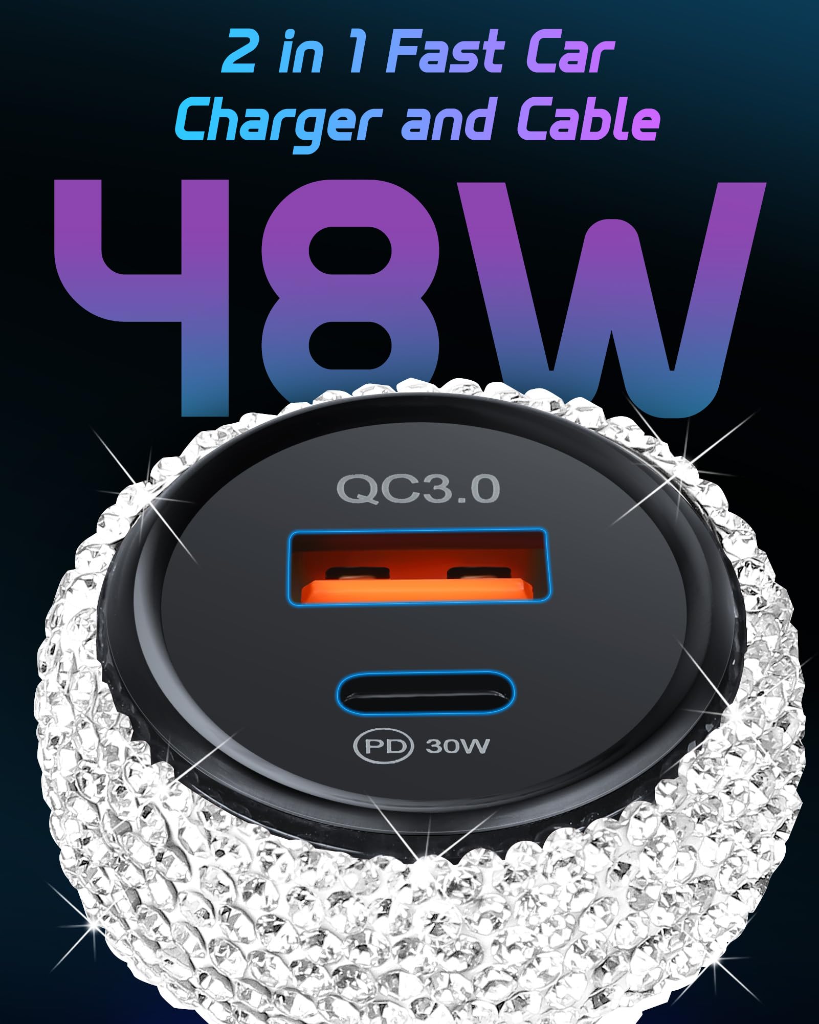 3 caricabatterie da auto Bling USB C, 48 W PD + QC, adattatore di ricarica rapida a doppia porta con cavo di ricarica USB di tipo C da 1,9 m, compatibile con iPhone 16, 15 Pro Max, iPad, Samsung
