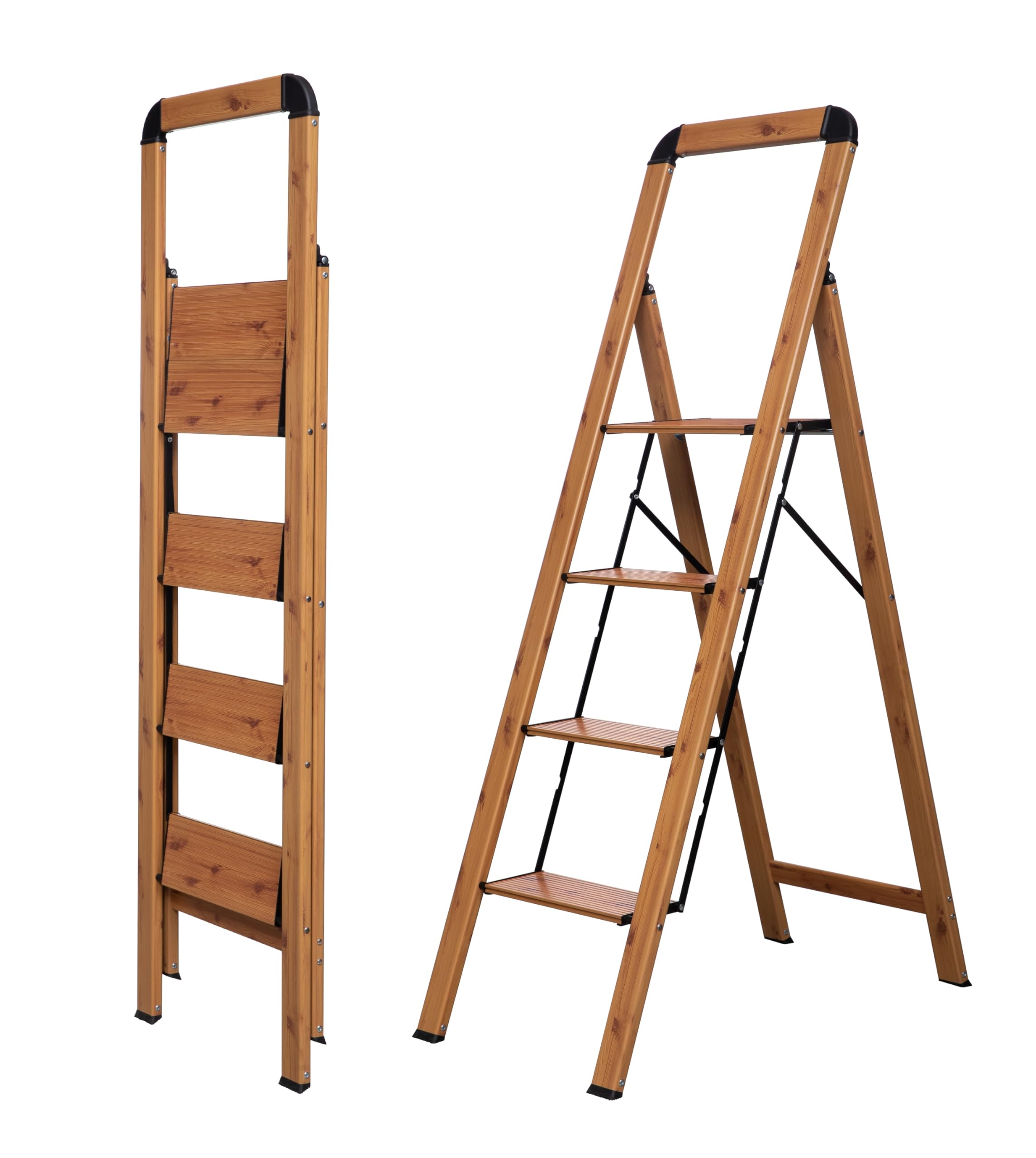 Bibkoke Woodgrain Step Ladder 4-Step Finish Aluminum Folding Step Ladders Wide Pedal Anti-Slip For Home & Kitchen Office 330 Lbs