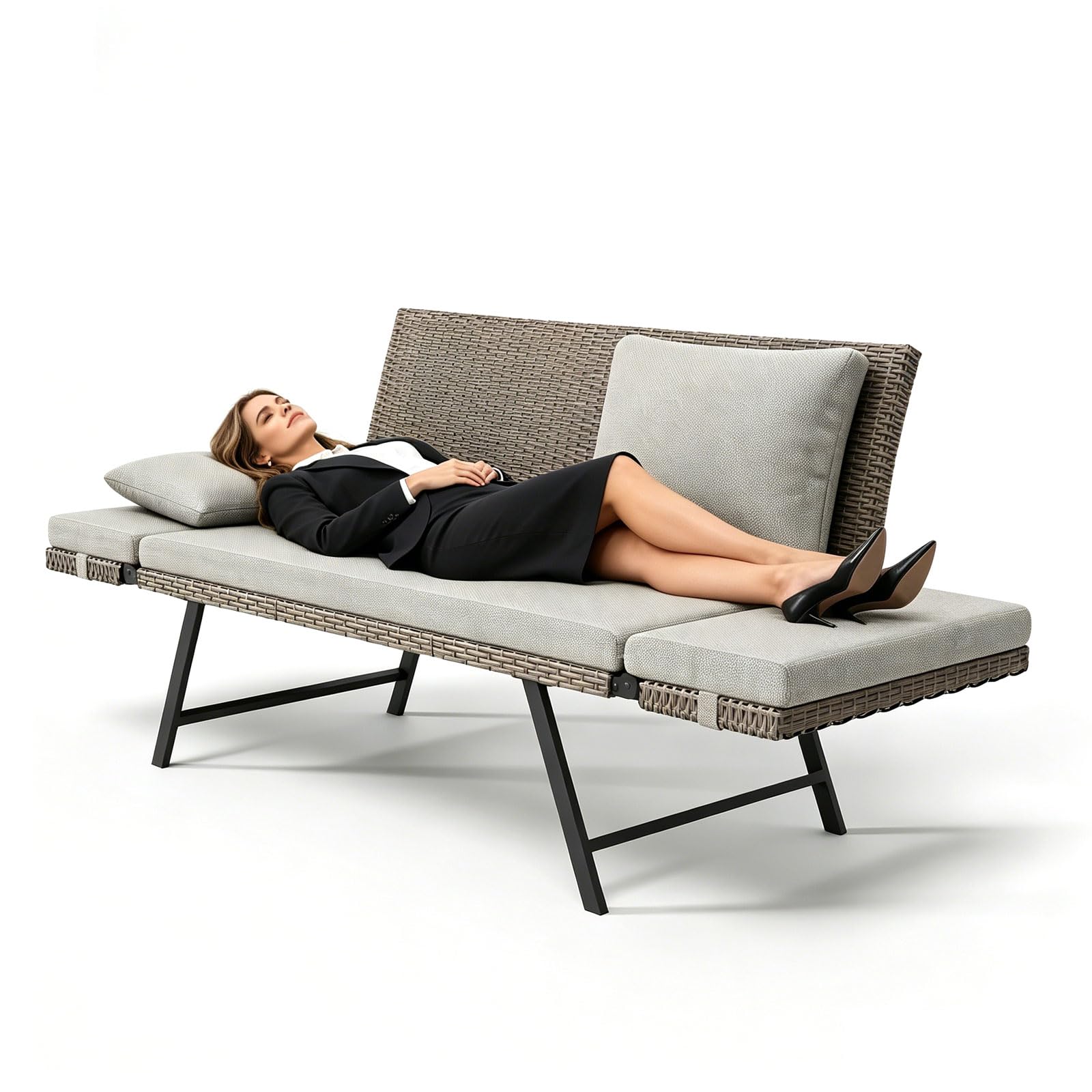 Balkonbank mit Liegefunktion,Liege Bank rattan 4-in-1 Gartenbank mit klappbaren Armlehnen,176cm Balkonsofa mit Kissen,abnehmbaren Sitzpolstern, Outdoor Lounge Sofa für Garten,Terrasse Balkon (Hell)