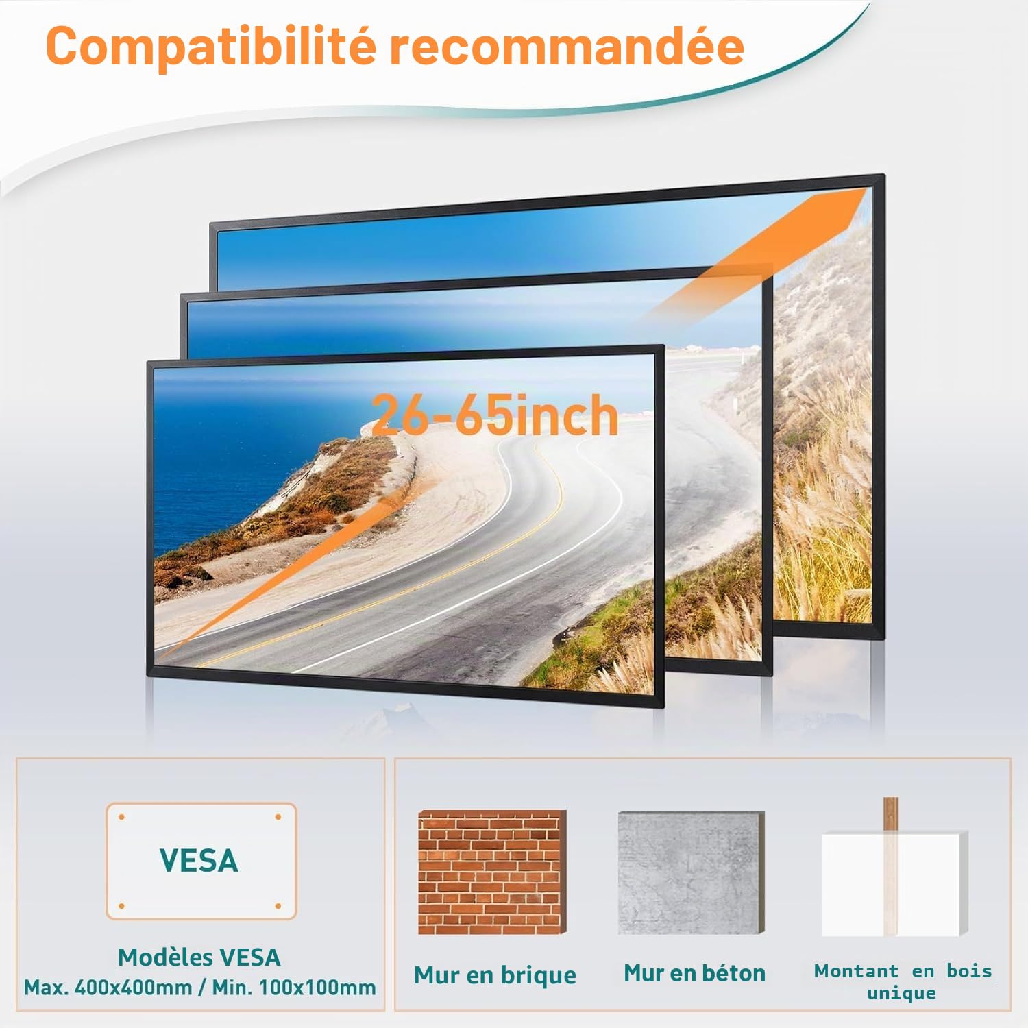 ELIVED Support mural TV à bras long de 950 mm pour téléviseurs de 26 à 65" | Support TV d'angle extensible, max. VESA 400 x 400 mm, supporte jusqu'à 35 kg, EV3018