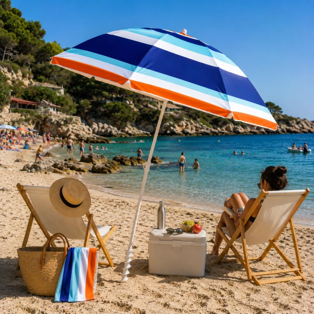 Parasol de Plage Alu Luxe Inclinable 210 cm UPF 50+ – Fibre de Verre, Pied Vissable, Housse de Transport et Toile Anti-UV