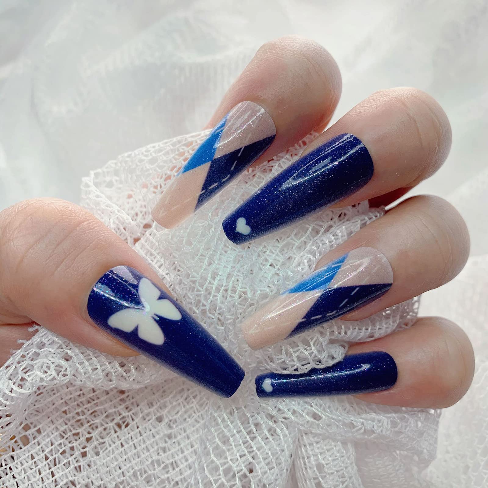 Amazon.com: Long Coffin Fake Nails Blue Press on Nails White Butterfly  Heart-Shaped False Nails with Designs Full Cover Glossy Artificial Nails  Cute Long Acrylic Nails Glue on Nails for Women and Girls