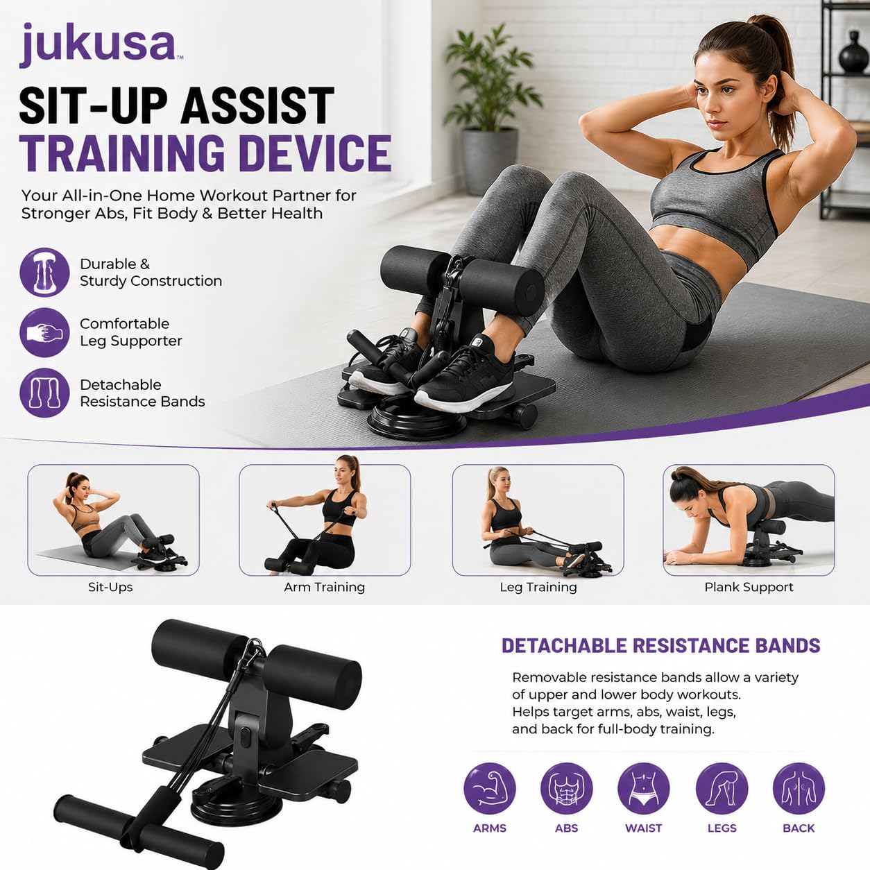 Jukusa Sit-ups Assistant at Home Working Out, Adjustable Sit-Up Bar Fitness Device for Abdominal Muscle Trainer Gym Equipment for Men & Women, Best for Weight Loss Thin Thigh (Black) 3