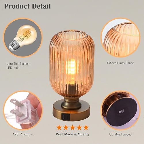 Miniatura 4 de Lámpara de mesa de cristal de mediados de siglo, lámpara de escritorio regulable, bombilla LED incluida, control táctil y puerto USB A+C, vidrio