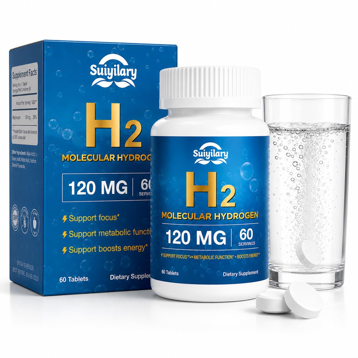 Hydrogen Water Tablets with 120MG Magnesium, H2 Molecular Hydrogen for Drinking Water, Rich in Antioxidants, Supports Cellular Health, Recovery, Immune & Brain Cognitive Function, 60 Tablets 60 Count (Pack of 1)