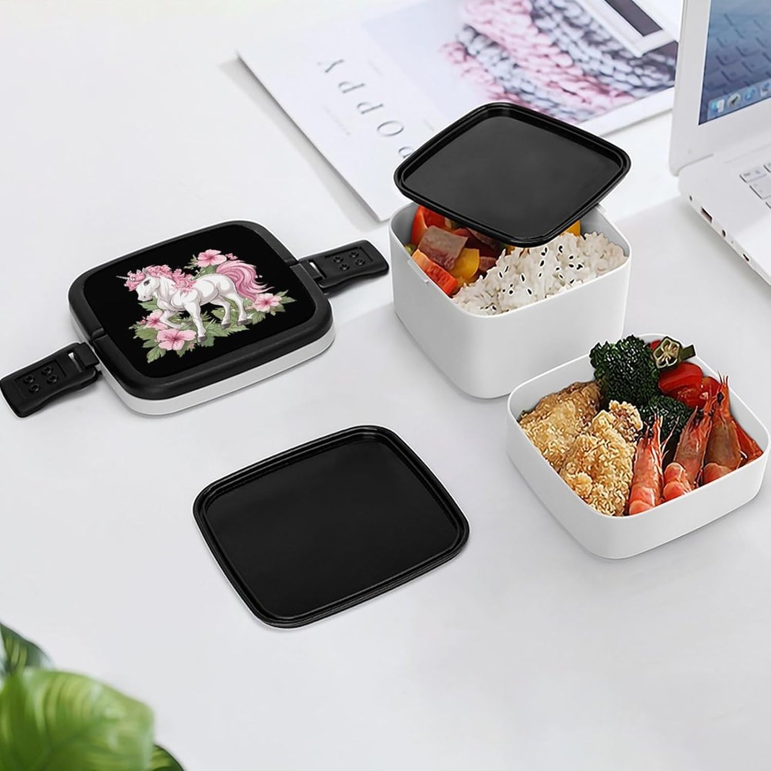 Floral Un-icorn Bento Box with Spoon 2 Layer Food Container Cute Lunch Box for Travel Dining Work