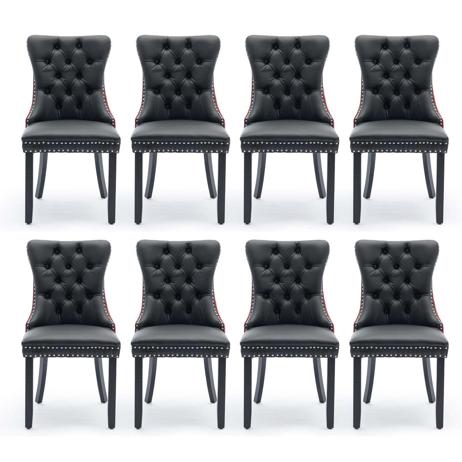 SoarTalent Leather Upholstered Dining Chairs Set of 8, Modern Style Kitchen Side Chairs with Nailhead Trim and Wood Leg, Metal Pulling Ring for Dining