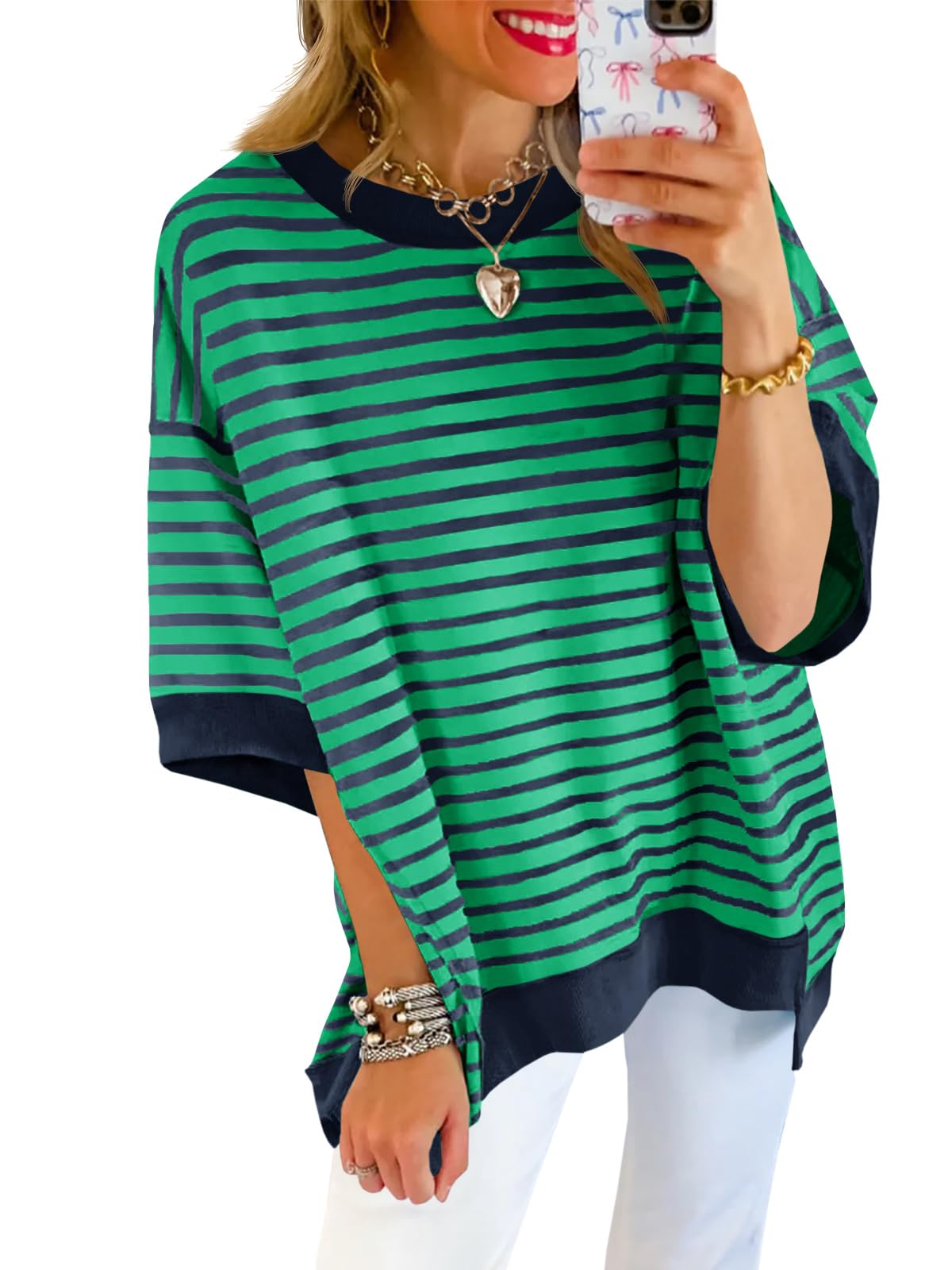 Tankaneo Womens Oversized T Shirts Striped Color Block Cotton Tops Summer Casual Half Sleeve Loose Fit Crewneck Sweatshirts