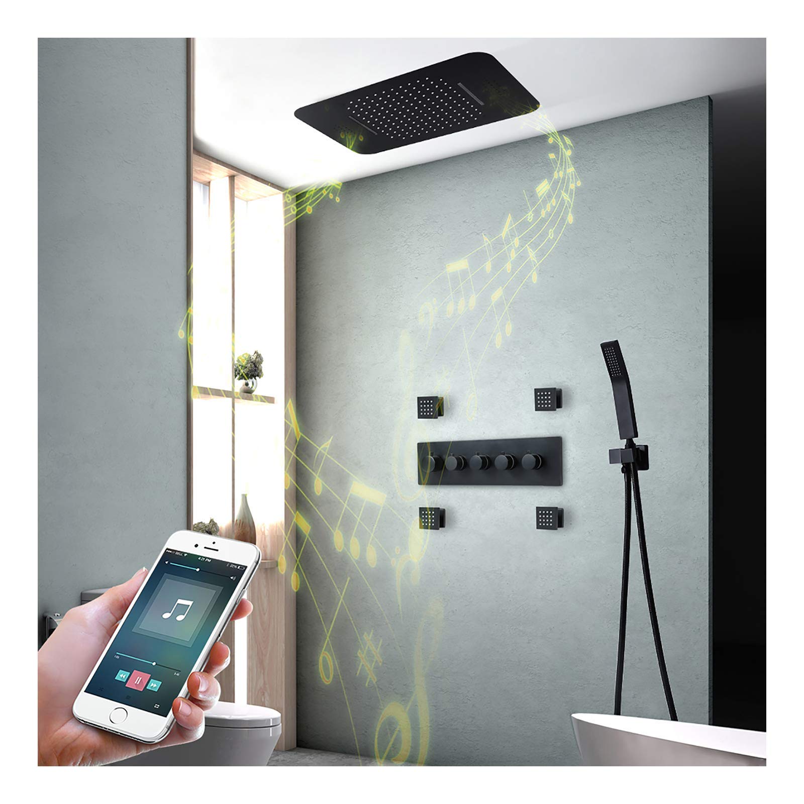 Musica 64 Colori LED Nero Doccia Set Combo Bagno Termostatico Rubinetto Doccia Set con Soffione Doccia, Doccia, Getti Corpo, Telecomando (Touchpad)