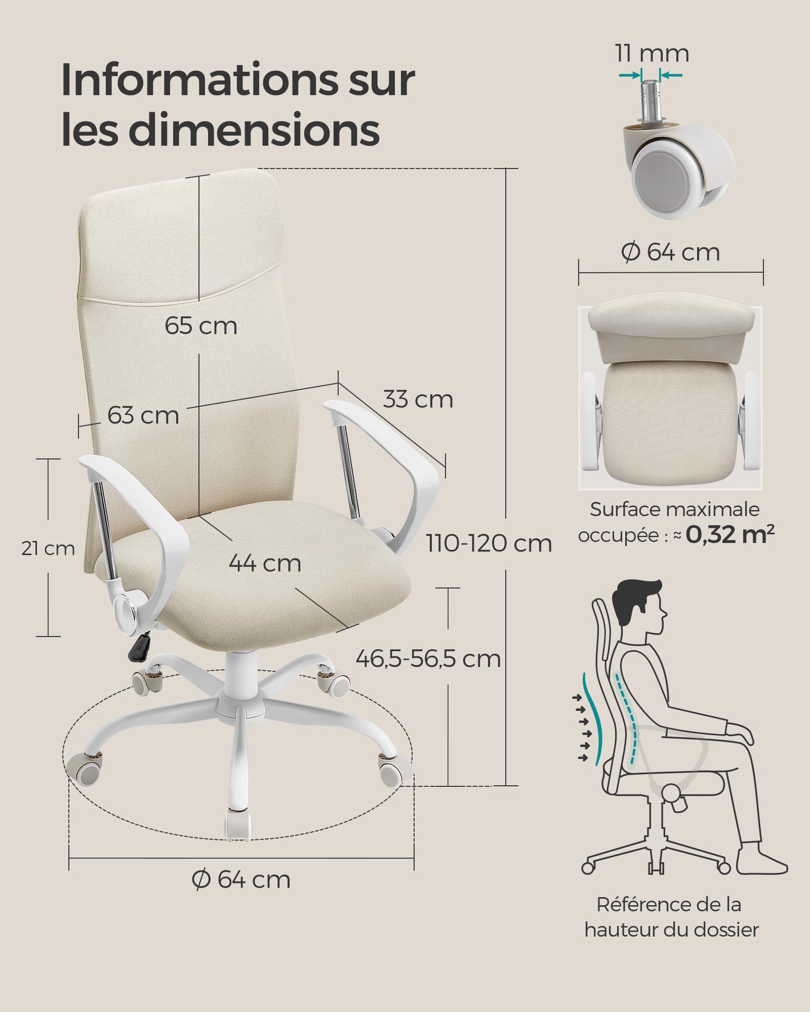 SONGMICS Fauteuil de Bureau, Chaise Ergonomique, Siège Pivotant, Assise Rembourrée, Réglable en Hauteur et Inclinable, Capacité de Charge 120 kg, Beige Cappuccino OBN034K01