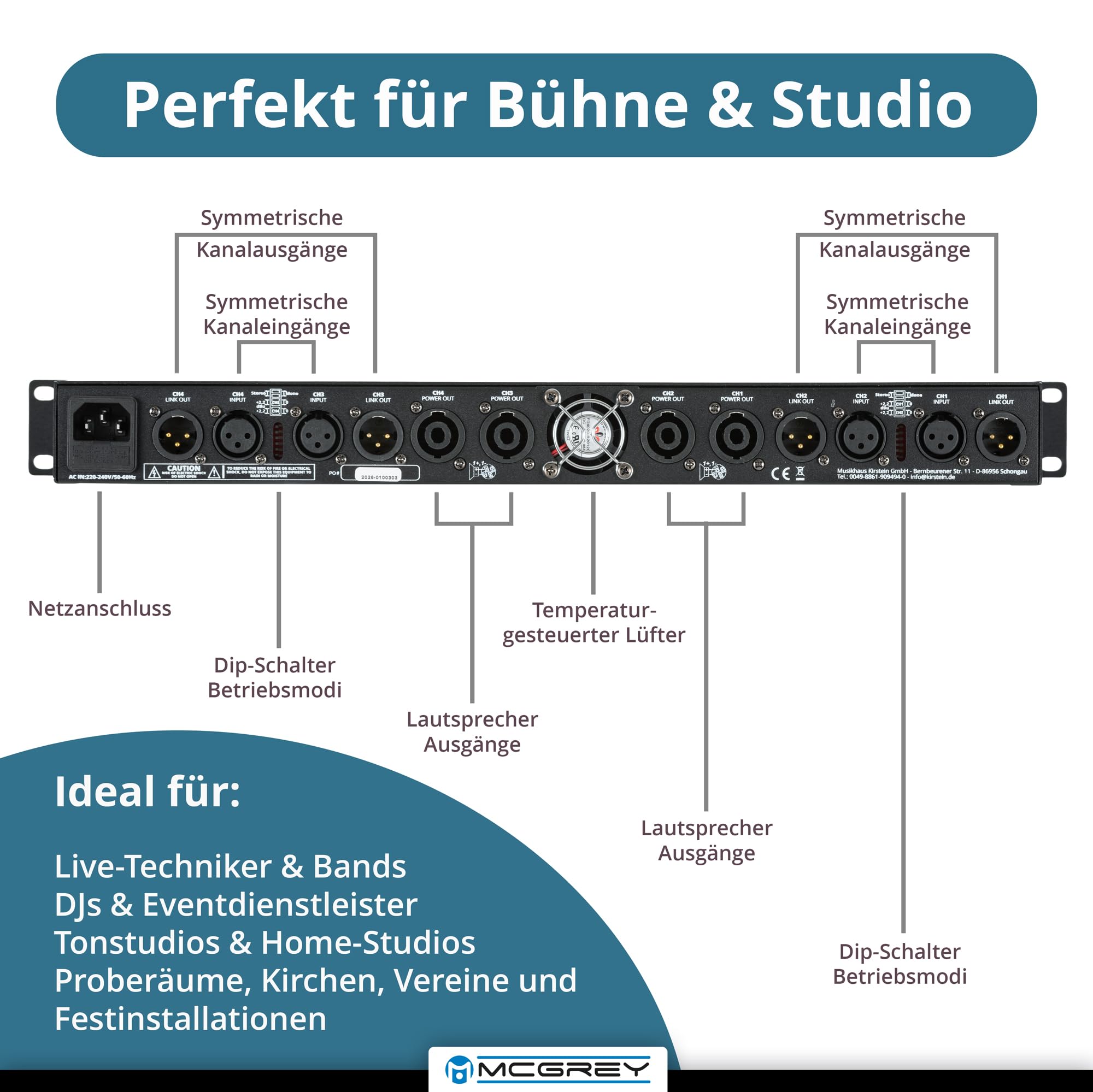 McGrey PA-4504 Endstufe 1 HE 4 x 450 Watt - Class-D Technologie - 4-Kanal Endstufe mit XLR, Speakon, Schutzschaltung - Rackfähig 19" & leicht 3,5 kg - Für Bands & DJ´s, Events & Festinstallation