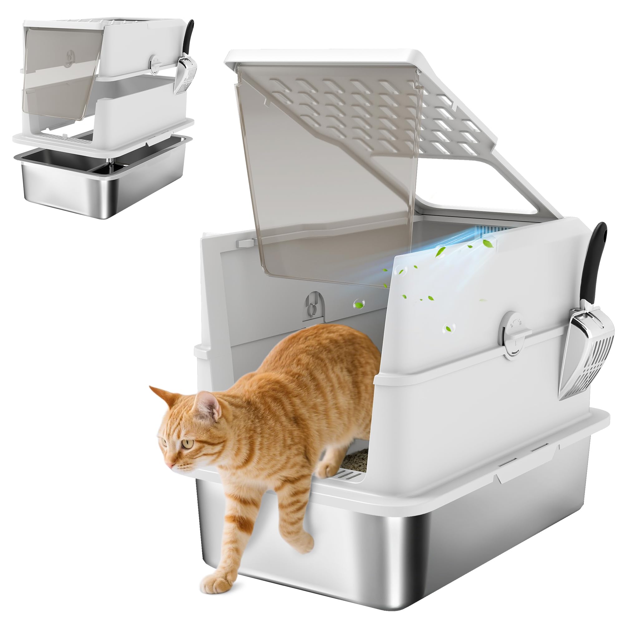 PawHut - Bandeja de arena para gatos cerrada de acero inoxidable, para gatos con pala, tapa abierta, puerta, antifugas y limpieza fácil, 60,2 x 40,2 x 43,7 cm, gris claro