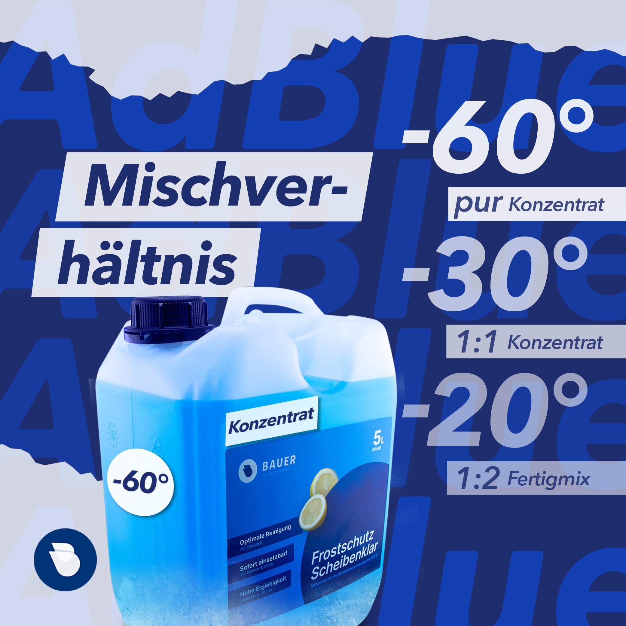 Scheibenfrostschutz ULTRA Konzentrat 4x5L -60°C, Citrusduft, Hohe Enteiser + Reinigungskraft bis -60 Grad, Effektiver Frostschutz für Auto im Winter, AntiFrost + KlarSicht (20L)