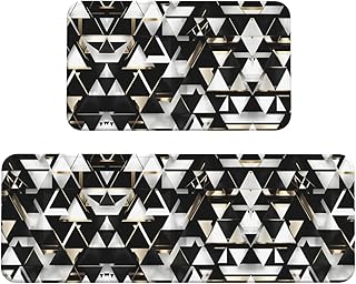 YQxwJL Juego de 2 tapetes de cocina modernos con estampado triangular, color negro, blanco y dorado, antideslizantes, cómodos para cocina, oficina