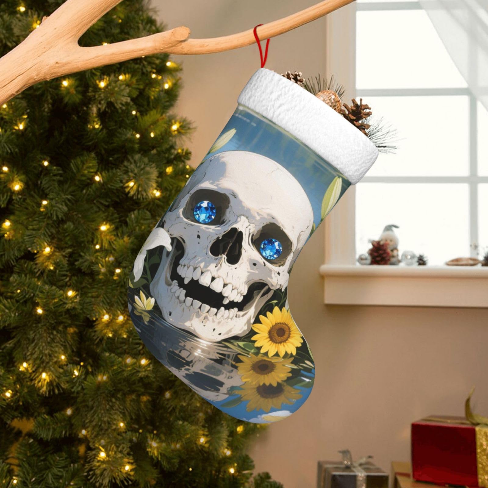 Velvet Christmas Stockings 17.7 Inch, Human Skull Flowers Leaves Xmas Stocking with Soft Cuff,Classic Personalized Christmas Tree Decoration for Family Holiday New Year Party Supplies