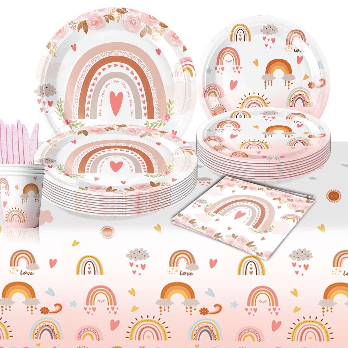 Lot De 100 Pièces Vaisselle Fête Bohème Arc-en-Ciel Pour 20 Invités - Assiettes, Gobelets, Serviettes Et Pailles