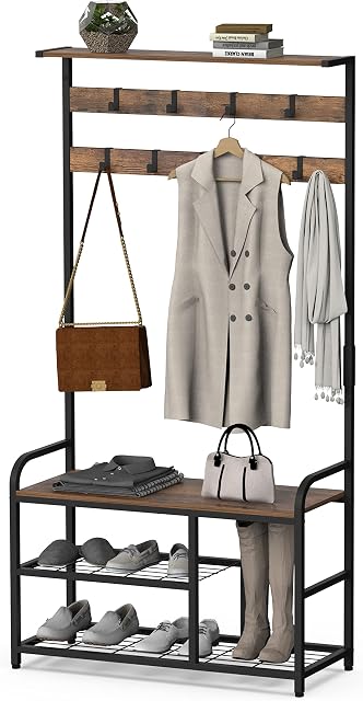 VEDECASA 3 in 1 Industrial Coat Tree Coat Rack Shoe Bench with Removable Hooks Farmhouse Hall Tree Entryway Storage Shelf Metal Frame Large Rustic Brown Easy to Assemble