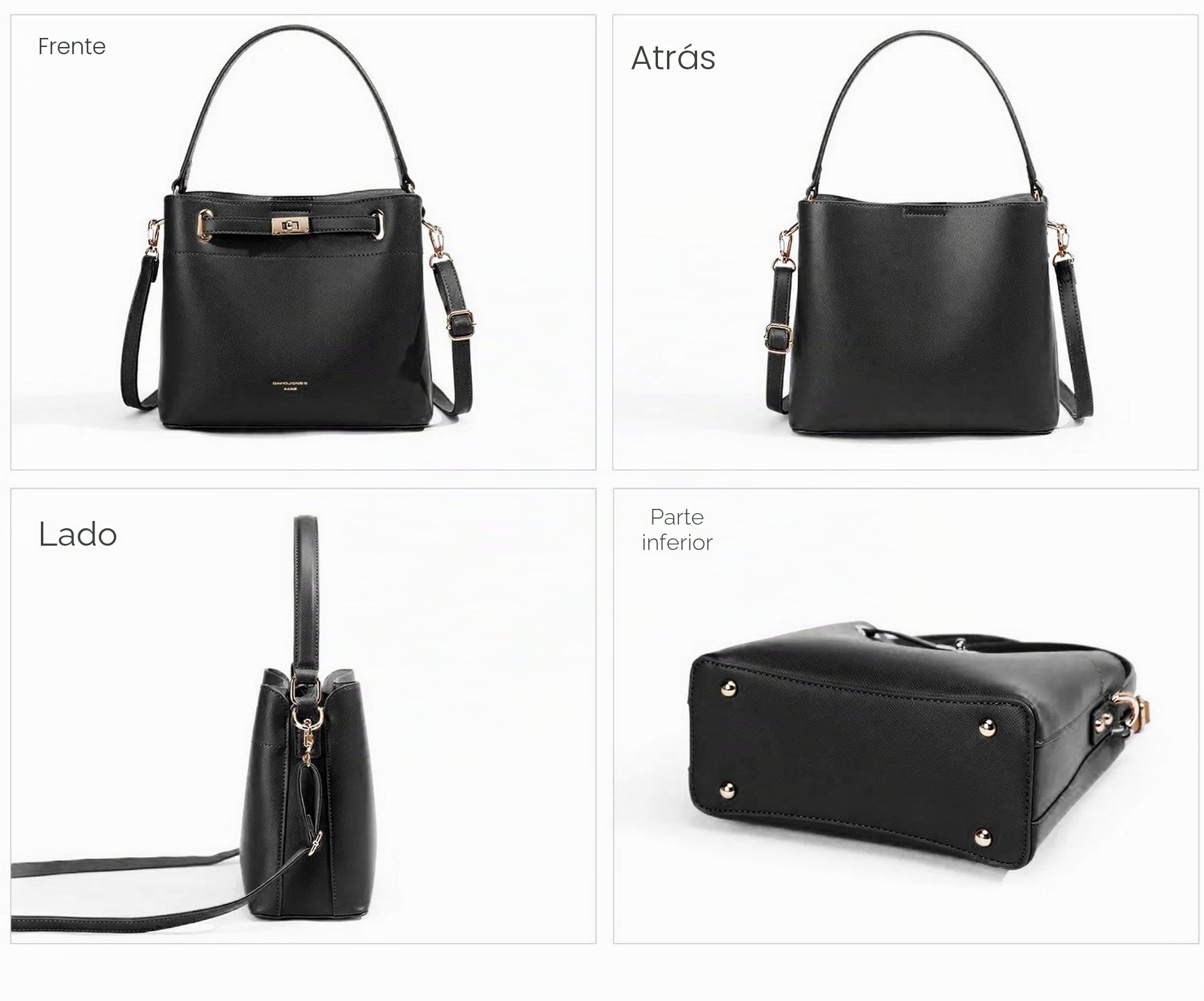 David Jones – Bolso de mano con cubo de hombro – Bandolera de tamaño mediano – 3 compartimentos con varios bolsillos – Elegante clásico Chic Ville Fashion Designer Bucket Bag