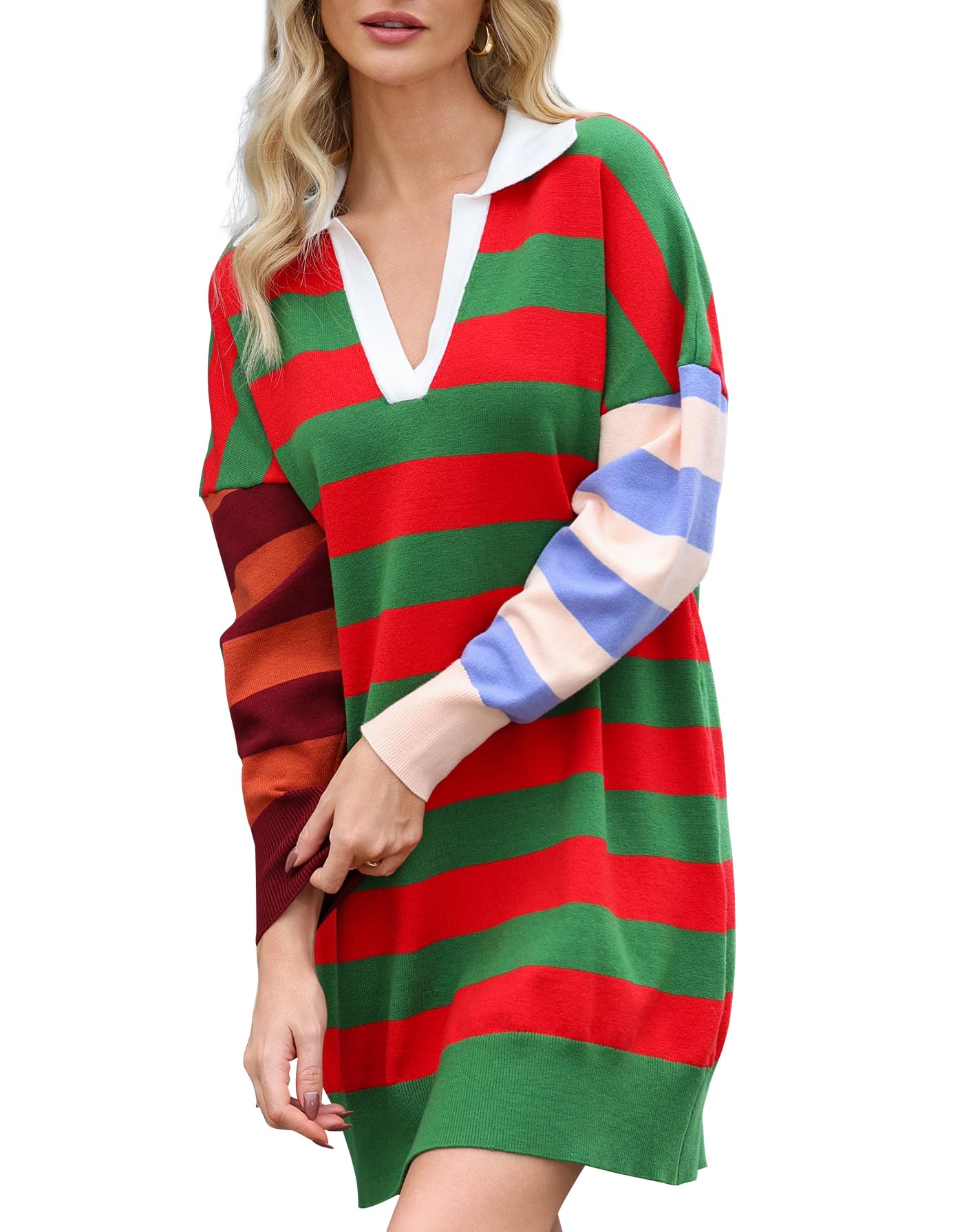LifeShe Womens Striped Sweater Dress Long Sleeve V Neck Oversized Pullover Sweaters Fall Outfits