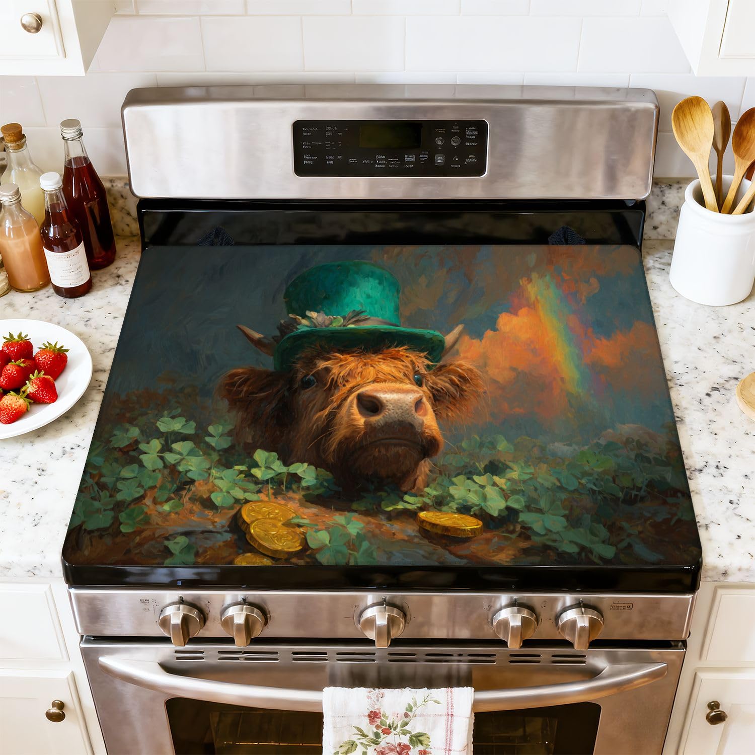 Stove Top Cover for Electric Stove Charming Highland Cow Green Top Hat Lucky Coins Clover Heat Resistant Glass Cooktop Protector Flat Top Oven Cover Mat Prevent Scratching 28" x 20"