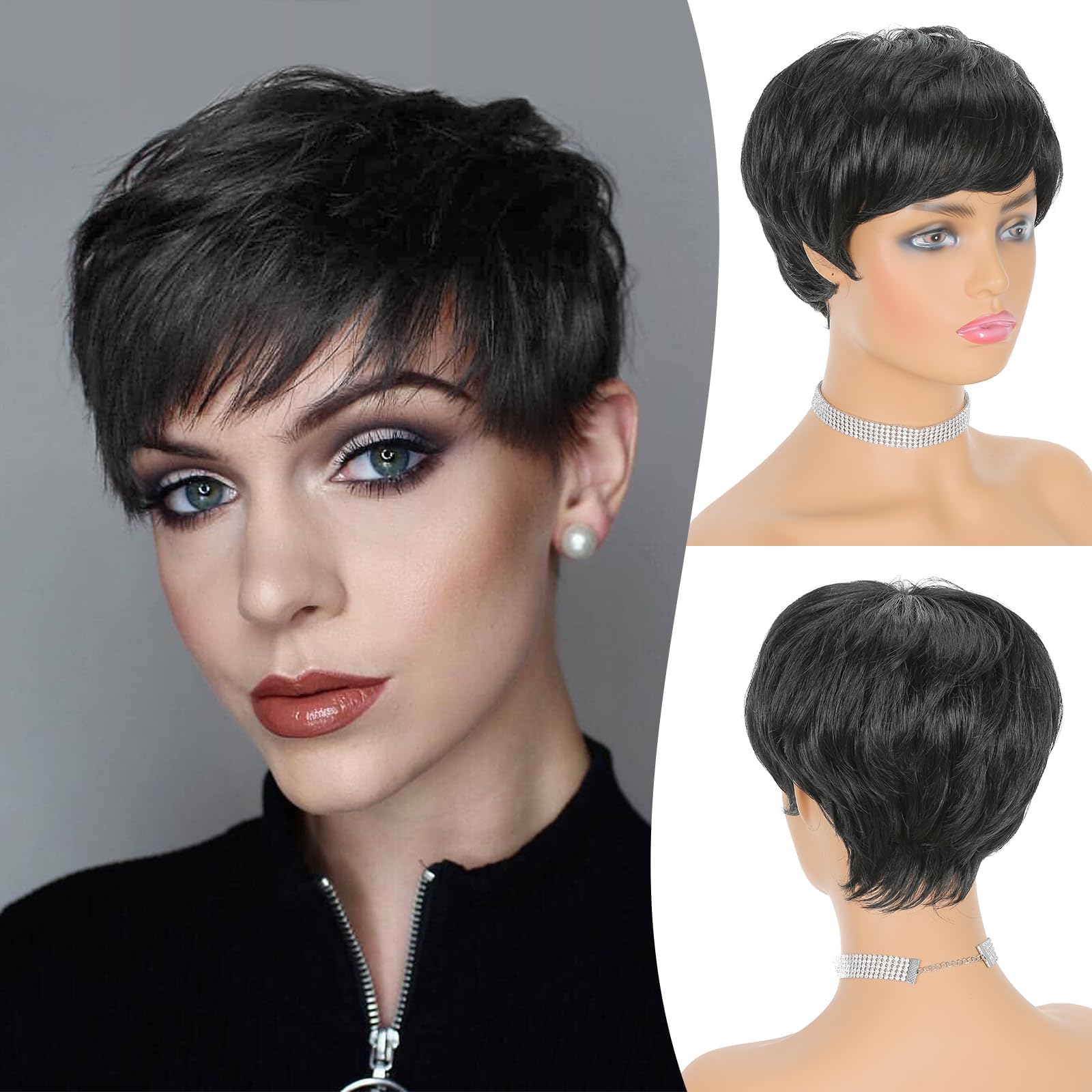 FESHFEN Synthetic Black Wavy Pixie Wig with Bangs, Glueless, Layered, Modern Style for Women-image-5