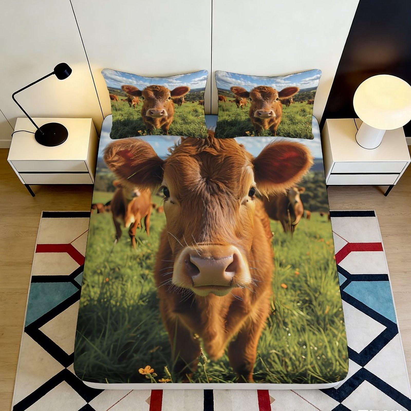 3D Printed Brown Cow Pasture Fitted Sheet Microfiber Soft Animal Meadow Mattress Cover Bedroom Dorm Bed Decor 90x200x25cm