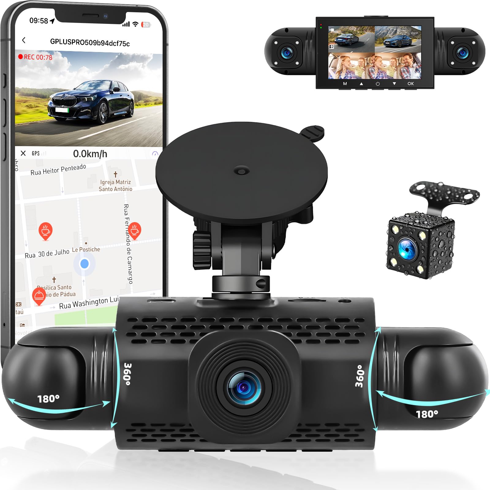 4 Canali 360° Dash Cam Auto con APP, Telecamera per Auto da 3 Pollici 1080P con Visione Notturna IR, Video in Loop, G-Sensore, Ausilio al parcheggio
