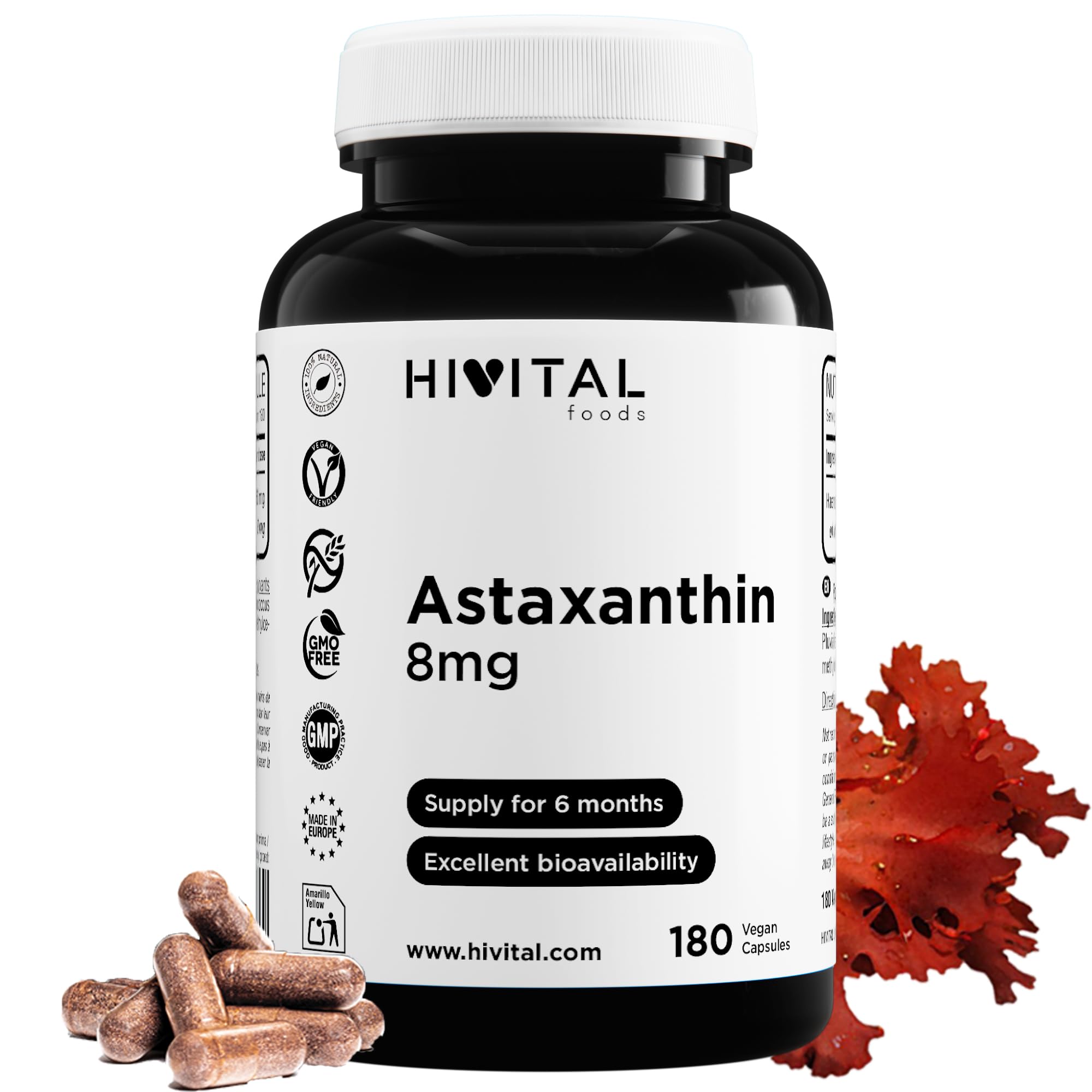 Astaxanthine pure 8 mg. 180 gélules végétaliennes pour 6 mois de traitement. Provenant de 160 mg d'Algues Naturelles Haematococcus Pluvialis à 5% en Astaxanthine. Fabriqué en Europe par HIVITAL