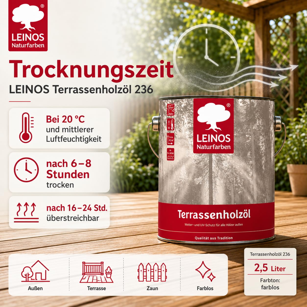 LEINOS Terrassenholzöl 236 | 2,5 Liter | Hochwertiges Holzöl für außen | Für Terrassen, Zäune, Kinderspielgeräte | Farbton: farblos | Tiefer Holzschutz & leichte Anwendung