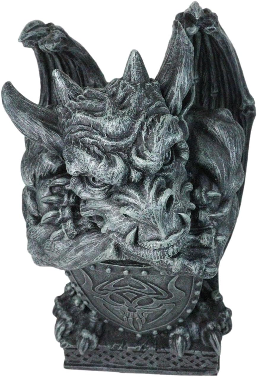Ebros Gift Large Winged Stoic Warrior Notre Dame Gargoyle Holding Heraldry Shield On Pedestal Base Gothic Sculpture 16" H Medieval Home Garden Patio Decor Statue