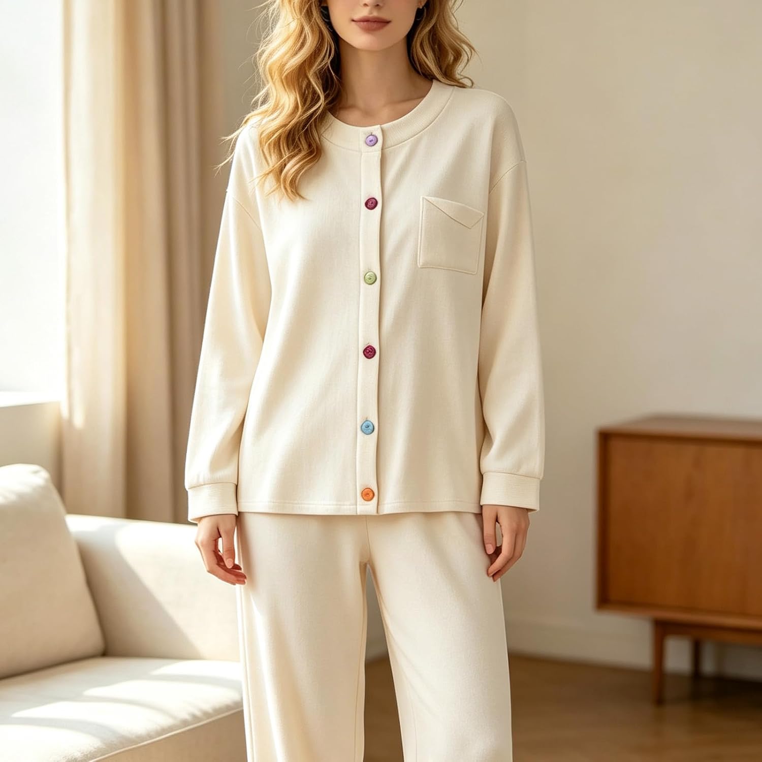 Womens Casual Long Sleeve Pajama Sets Button Down Sleepwear | Smooth Polyester Blend. Colorful Round Front Buttons. Small Left Chest Pocket. Relaxed Dropped Shoulder Style.