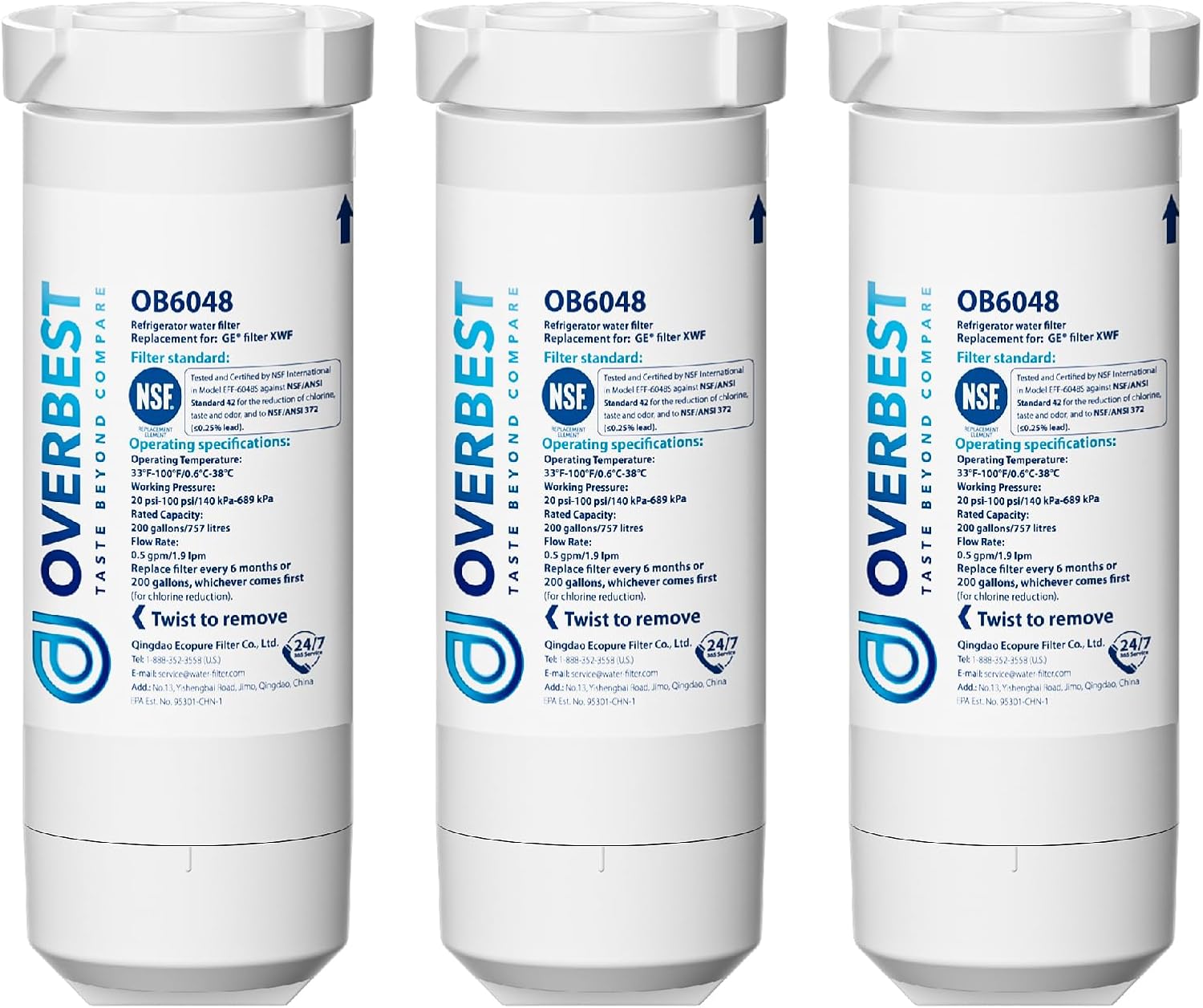 Overbest XWF Refrigerator Water Filter, Replacement for GE® WR17X30702, NSF 42/372 Certified, Compatible with GE® GNE27, GFE26, GDE25, GSS25, PSE25 Series Refrigerators, 3-Pack (No-chip)