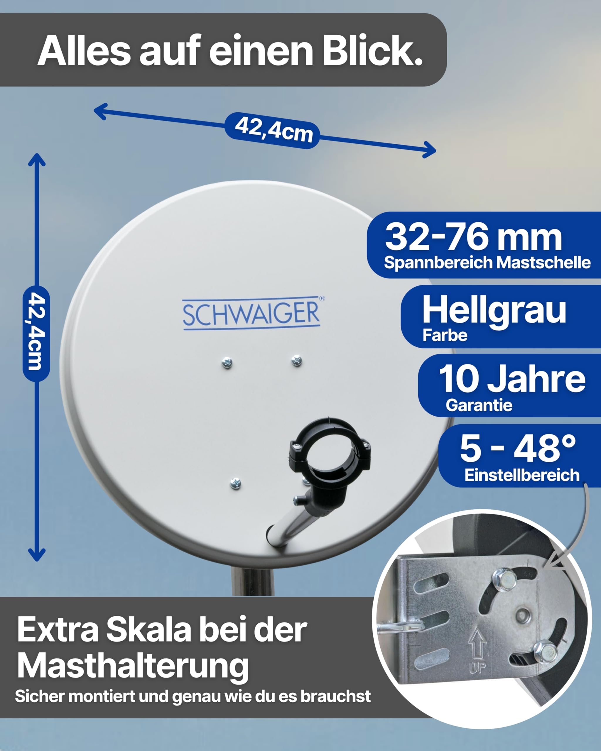SCHWAIGER Satellitenschüssel I Ø 40 cm Stahl Offset Antenne in hellgrau I Multifeed geeignet & wetterfest I SAT Schüssel mit LNB Tragarm & Masthalterung I maximale Empfangsleistung 32,6dB