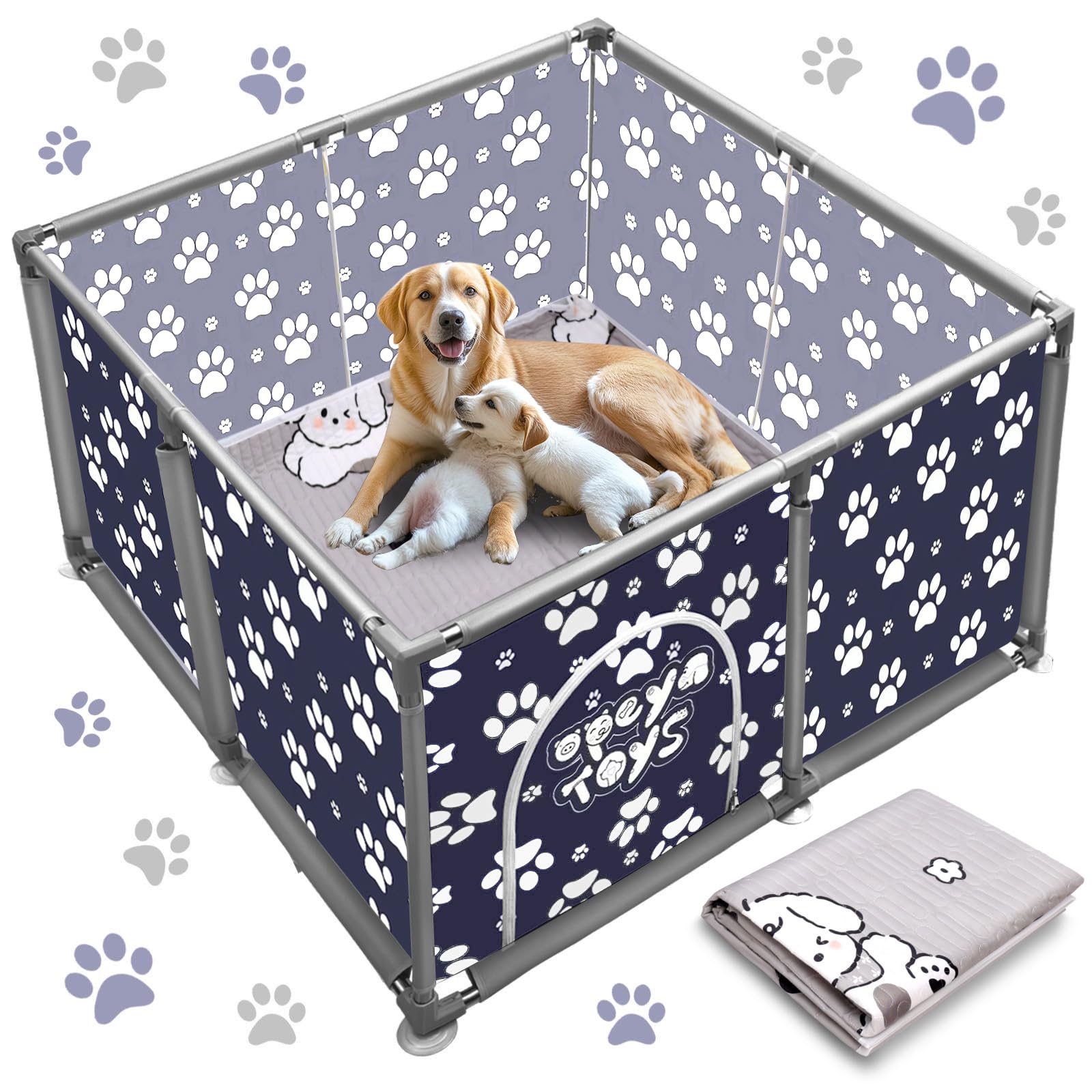 Scatola Quadrata per Cuccioli per Cani di Taglia Extra Alta, Recinto con Rivestimento per Cuccioli, Indispensabile per Cani, Cuccioli, Grandi e Piccole Razze, 120 x 120 x 63 cm