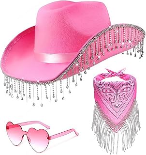 Sombrero de vaquero rosa y blanco, sombrero de vaquero para mujer, ala de plumas mullida, sombrero de vaquero con estrás, sombrero de vaquera para hombre, mujer, Halloween, carnaval, cosplay, fiesta
