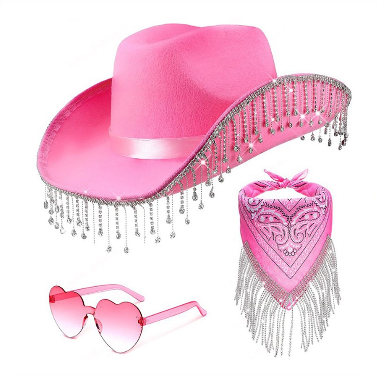 Western Cowboy Hat Cowgirl Hats with Rhinestone Tassel Party Fedora Hat Costume for Women Men Wedding Music Costume Party