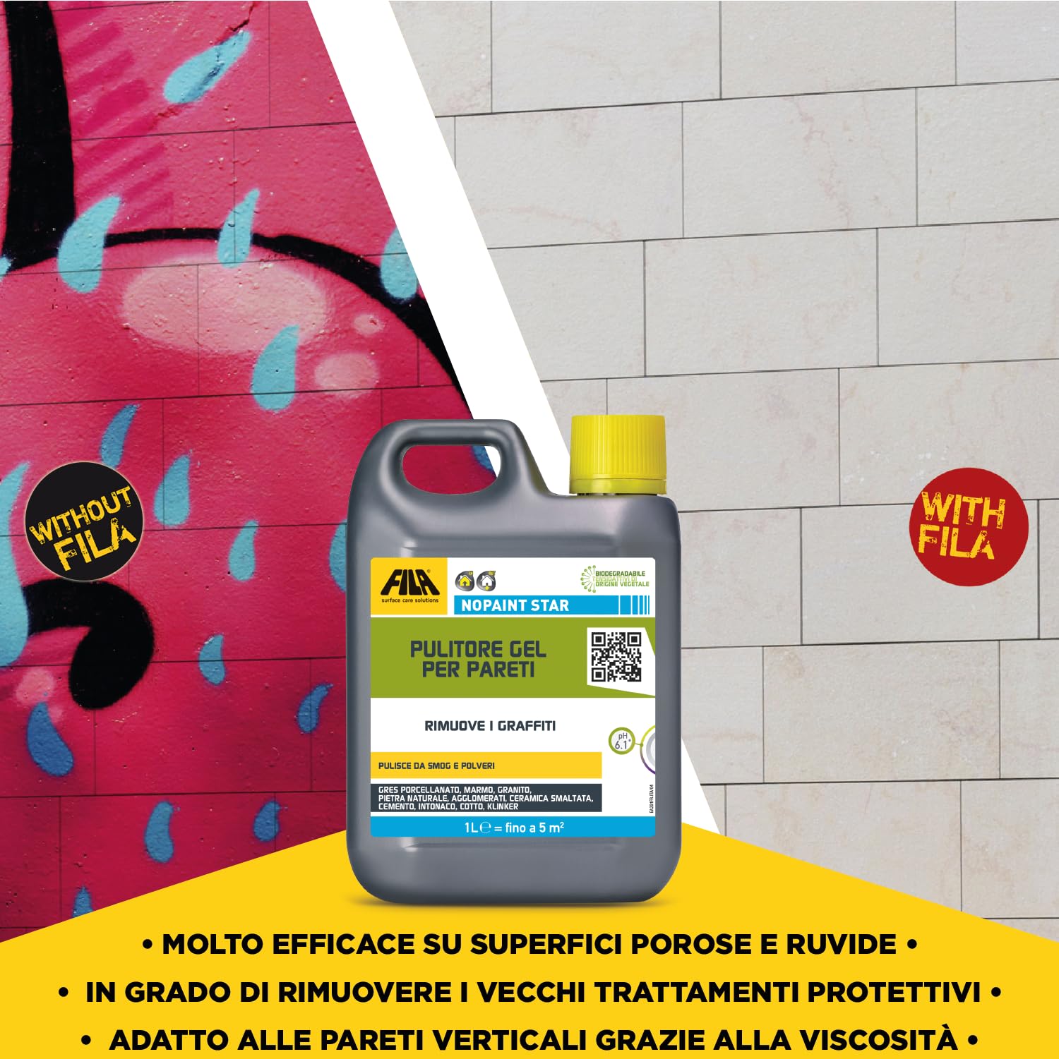 Fila Surface Care Solutions, NOPAINT Star, Pulitore Gel per Pareti e Muri, Rimotore Professionale di Graffiti e Murales, Rimuove la Vernice Spray e la Bomboletta Spray Colorata, 1L