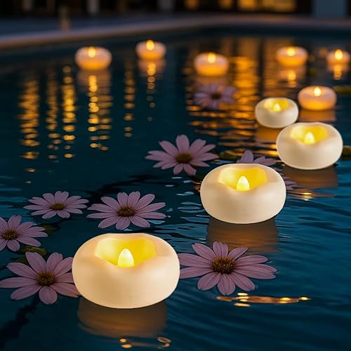 Miniatura 9 de Paquete de 12 velas flotantes, velas de té LED impermeables de 3 pulgadas, llama parpadeante realista, batería de 160 horas, sin llama y segura,