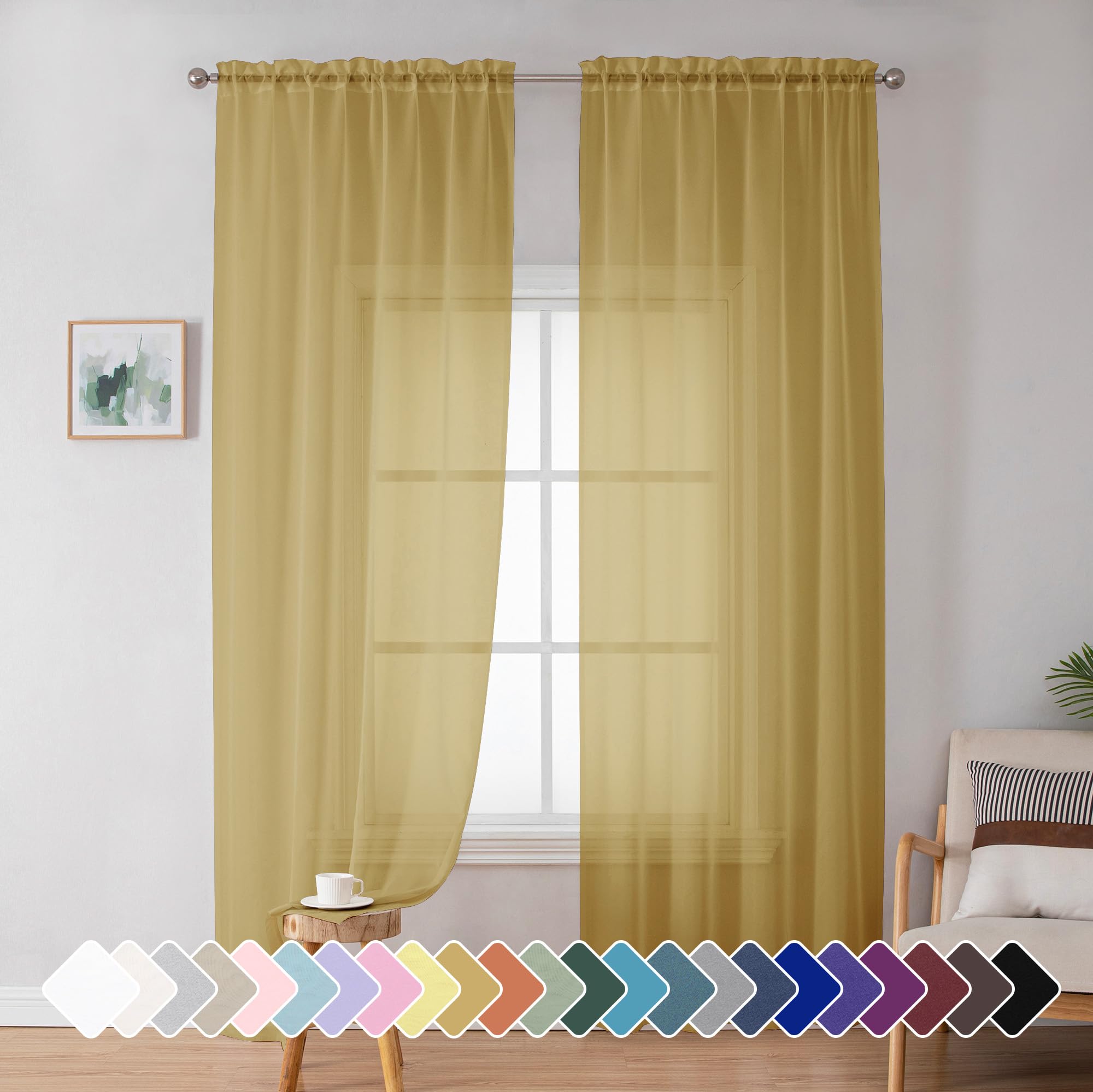Simplebrand Gold Sheer Curtains 72 Inches Long 2 Panels for Living Room