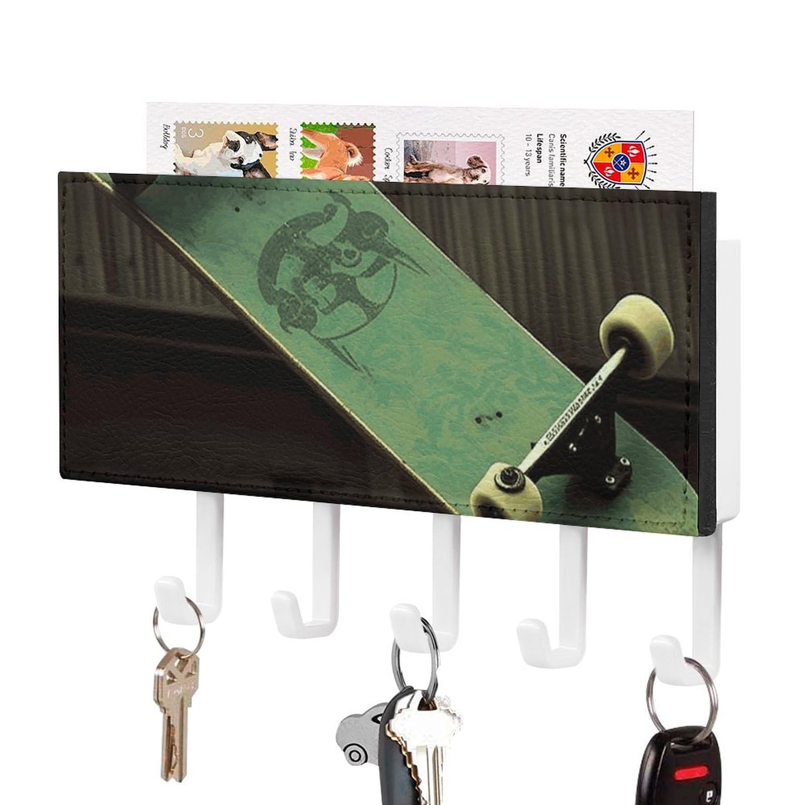 JTREHY Skateboard Holder Wall-Mounted Key and Mail Holder,Key Rack with 5Keys Hooks, Easy to Install Mail Organizer for Entryway, Front Door, Hallway, Office